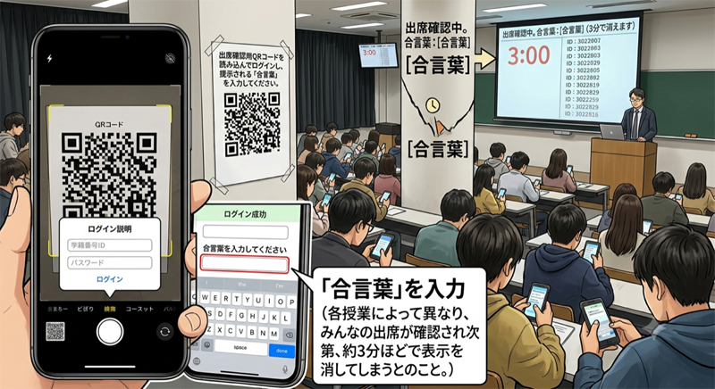 QRコードと合言葉で出席を取る