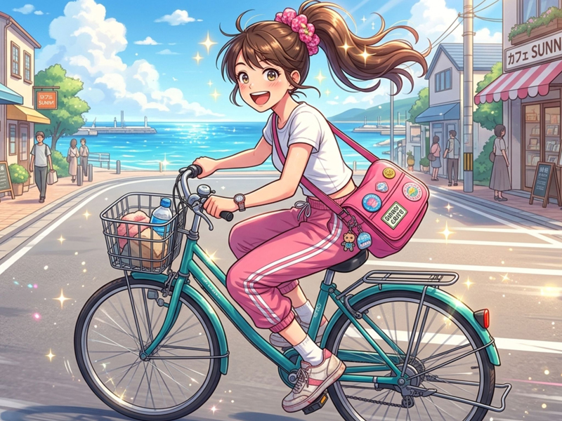 自転車に乗って楽しそうに走る女の子