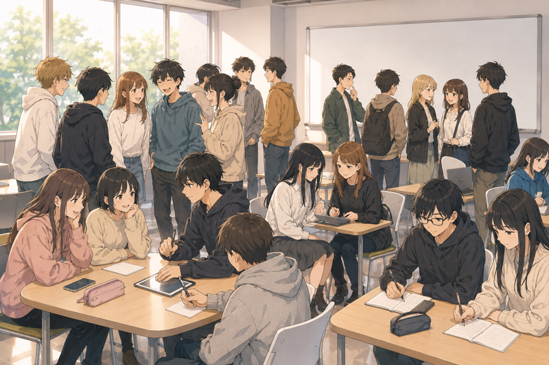通信制高校のスクーリングの様子がイラストで書かれている。談笑するグループ、1人で読書をしている子など色々な過ごし方が描かれている