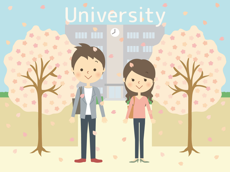 大学入学式桜舞う降車の前の学生たち