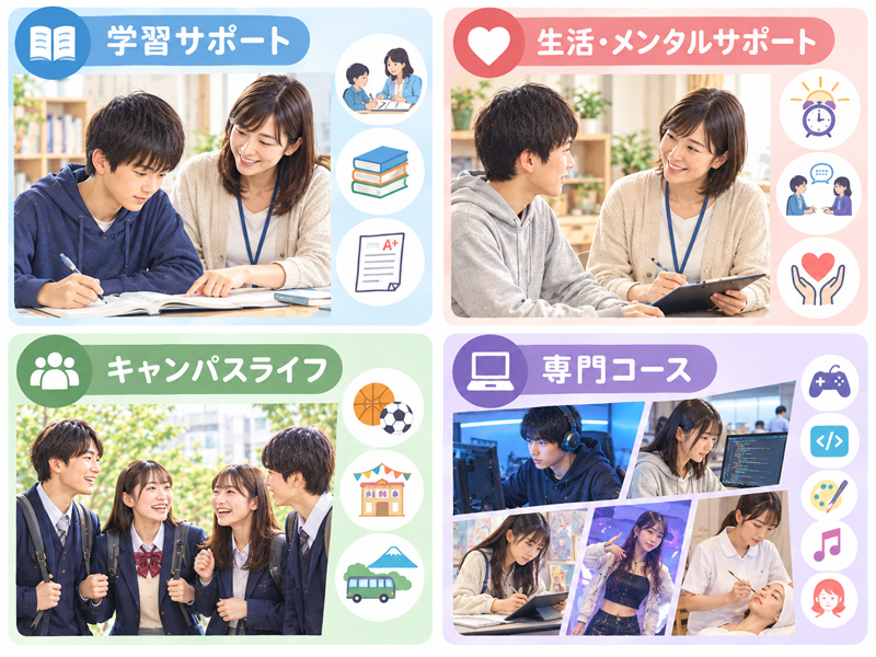 学習サポート、メンタル生活サポート、キャンパスライフ、専門コースの４つを網羅したイラスト