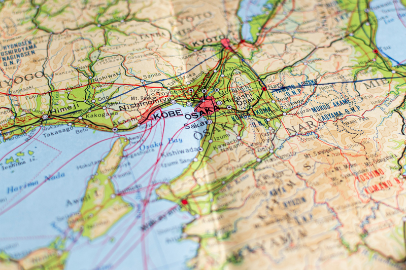 英語で書かかれている日本地図、近畿部分に焦点があたっている画像