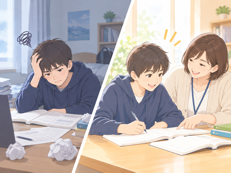 １人で勉強が進まず苦悩する生徒が教師の伴走を得て学習が進む様子のイラスト