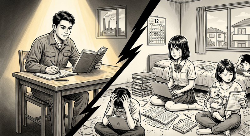 日本の若者たちの、伝統的な価値観と現代社会の現実との葛藤や、将来への不安を、象徴的に表現しています。左側は、明るい日差しが差し込む部屋で、男性が机に向かって熱心に勉強しています。男性は学ランを着用し、窓の外には工場が描かれており、勤勉に働くことで豊かな生活を目指す様子が描かれています。右側は、暗い部屋で、女性がパソコンやスマホ、本に囲まれて、不安そうな表情で過ごしています。女性は私服で、カレンダーには予定がぎっしり詰まっており、情報過多や社会の厳しさに直面している様子が描かれています。