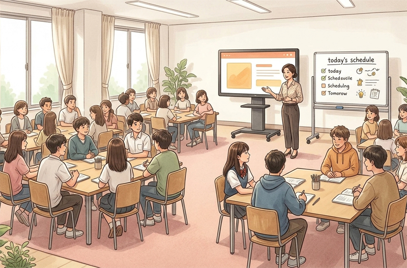 教室で先生が生徒にむけ話している